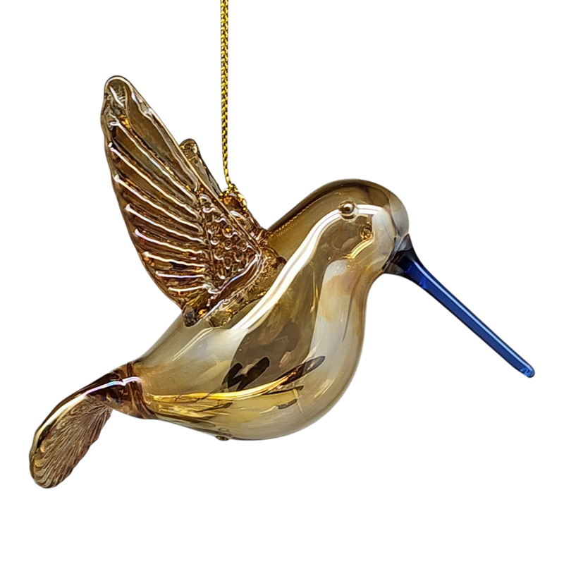 Gold Etched Glass Hummingbird Ornament - Golden