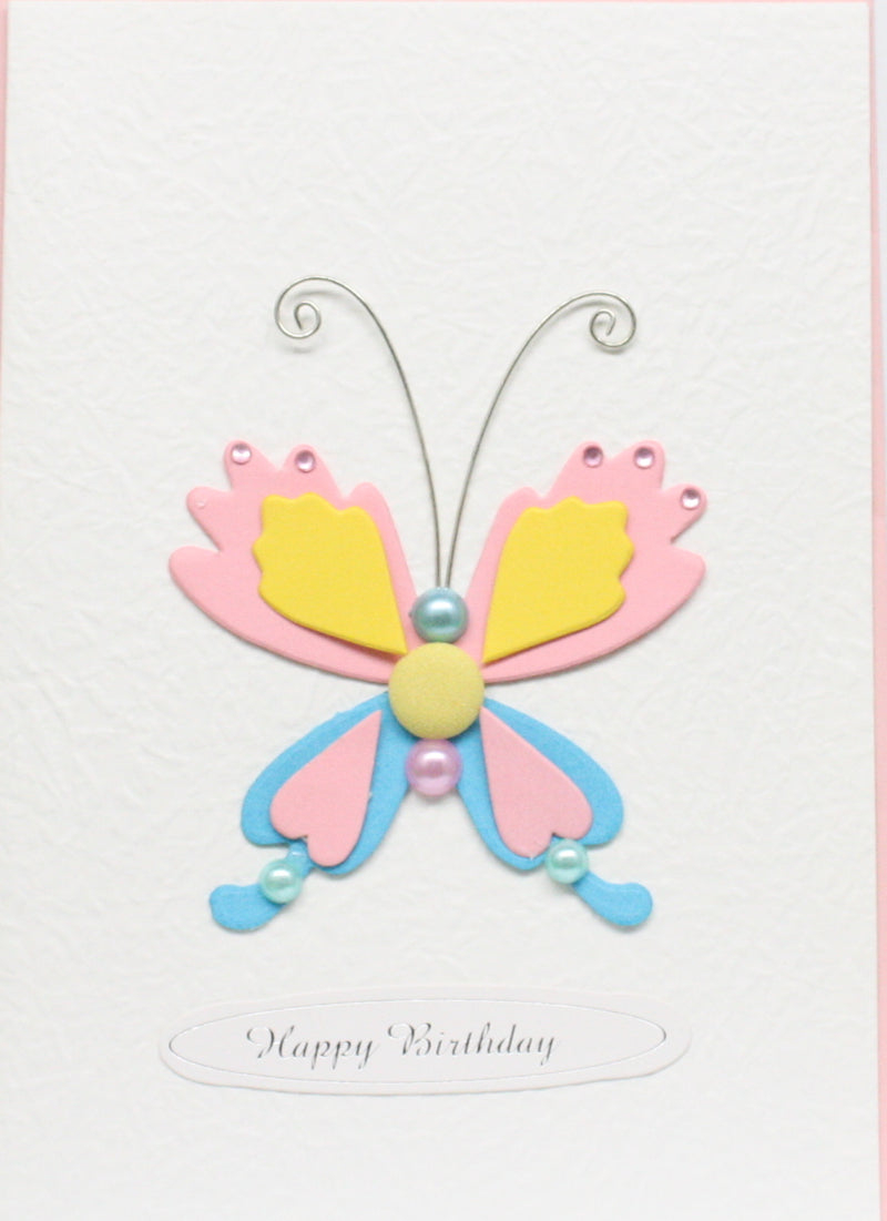Handmade Embellished Birthday Celebration Card - Pink and Blue Butterfly
