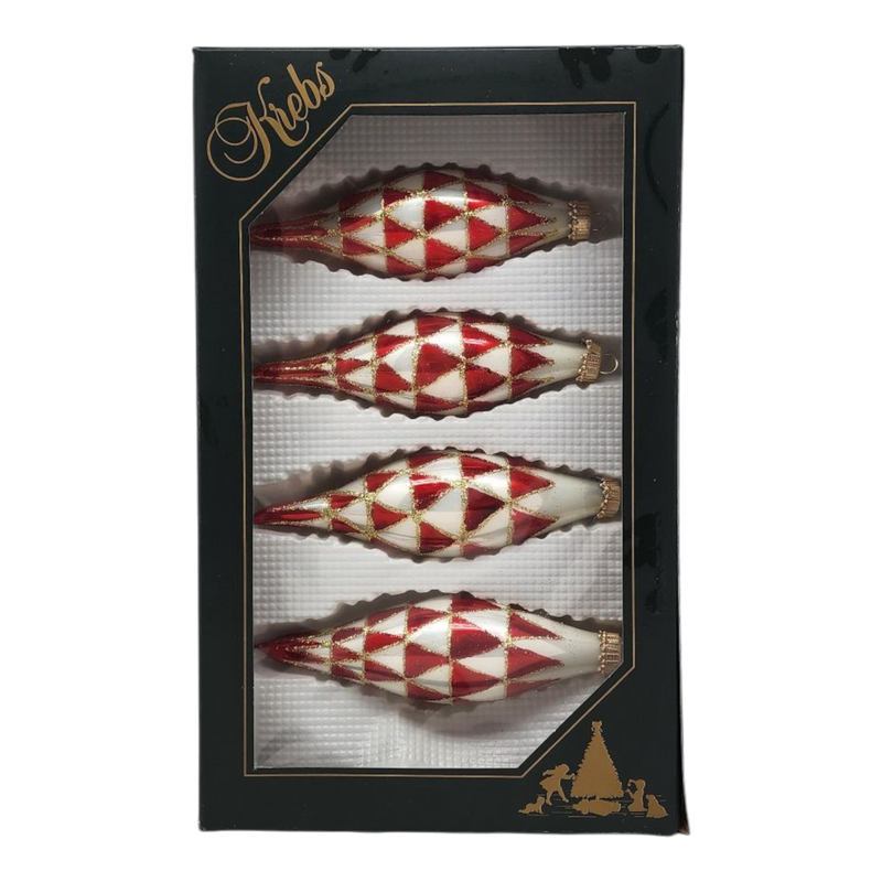 Krebs Value Glass Ornament 4 pack - Red & White Diamond Drop