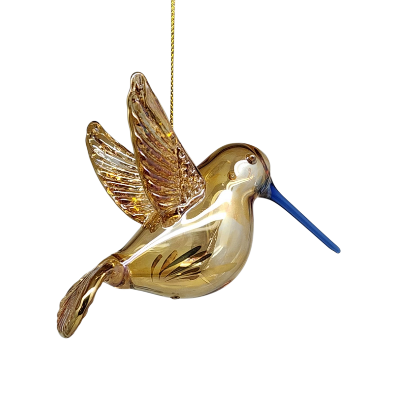 Gold Etched Glass Hummingbird Ornament - Golden