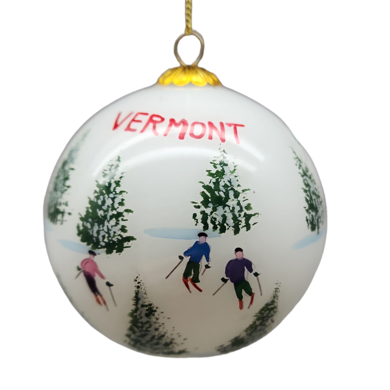Hand Painted Glass Globe Ornament - Skiing The Glades, Vermont