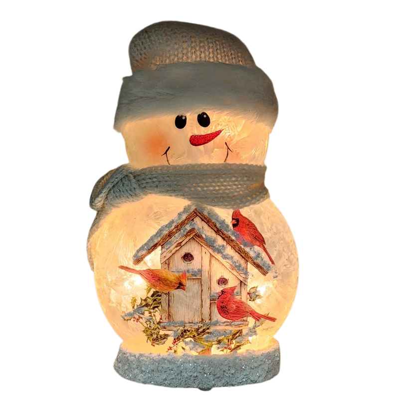 9.5 Inch Lighted Cardinal Glass Snowman - Bird House