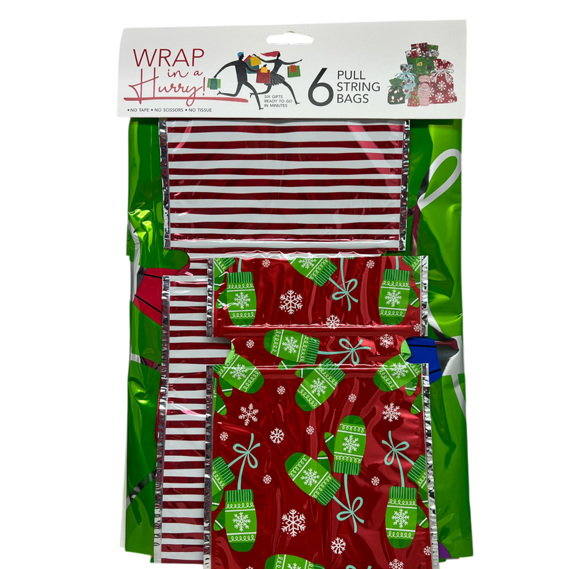 Wrap In A Hurry Pull String Gift Bag 6 piece Festive Assortment