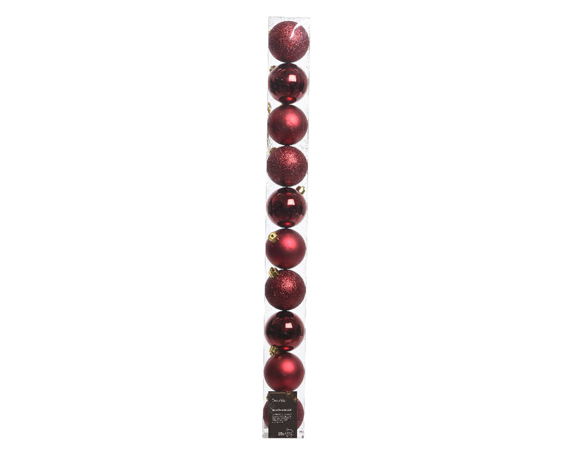 Elegant Assorted Shatterproof Ornaments - Set of 10 - Deep Ruby