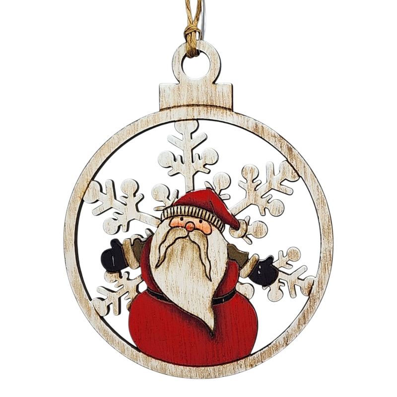 Wooden Ornament - Snowy Greetings Santa