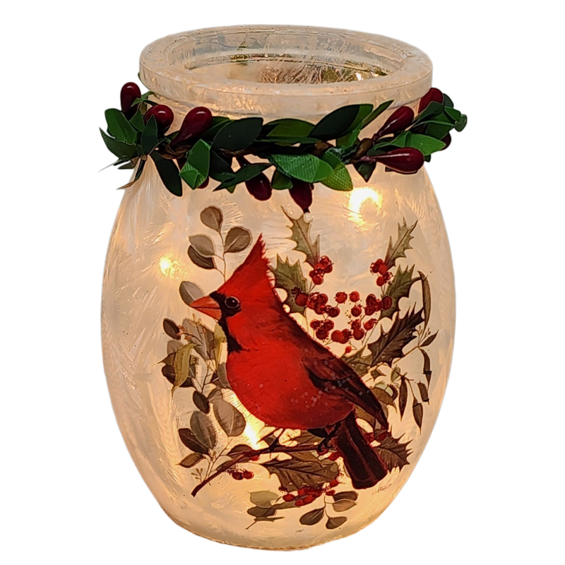 4 Inch Lighted Jar with Garland - Solo Cardinal Elegance