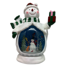 B/O Lighted Musical Spinning Water Globe Snowman with Holiday Scene White Coat