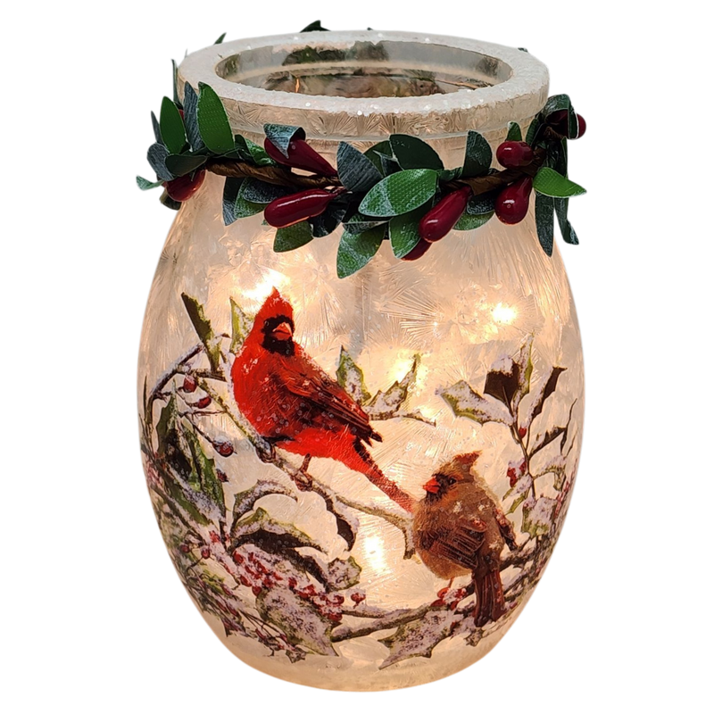 Lighted Glass Jar with Garland - Holly & Cardinals