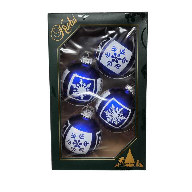 Krebs Value Glass Ball 4 pack - White Glitter Snowflakes on Deep Blue
