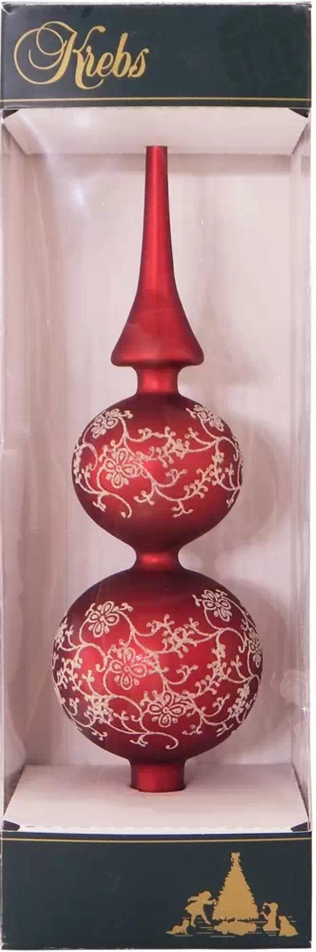 Red 13" Glass Treetopper with Gold Floral Glitterlace - Red Velvet - The Country Christmas Loft