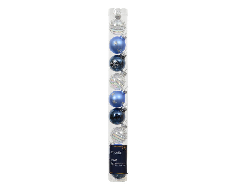 Tube of 9 Glass Ornaments - 30mm - Blue and White Snowflake