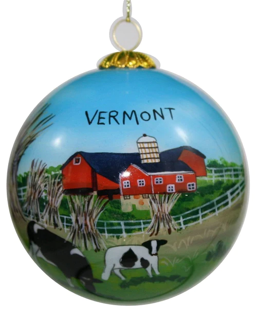 Hand Painted Glass Globe Ornament - Cows And Barns In Vermont - The Country Christmas Loft