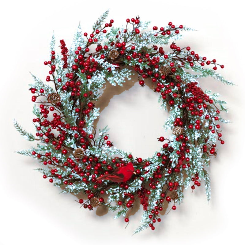 24 Inch PVC Wreath with Cardinal & Berries - The Country Christmas Loft