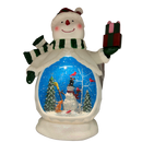 B/O Lighted Musical Spinning Water Globe Snowman with Holiday Scene White Coat