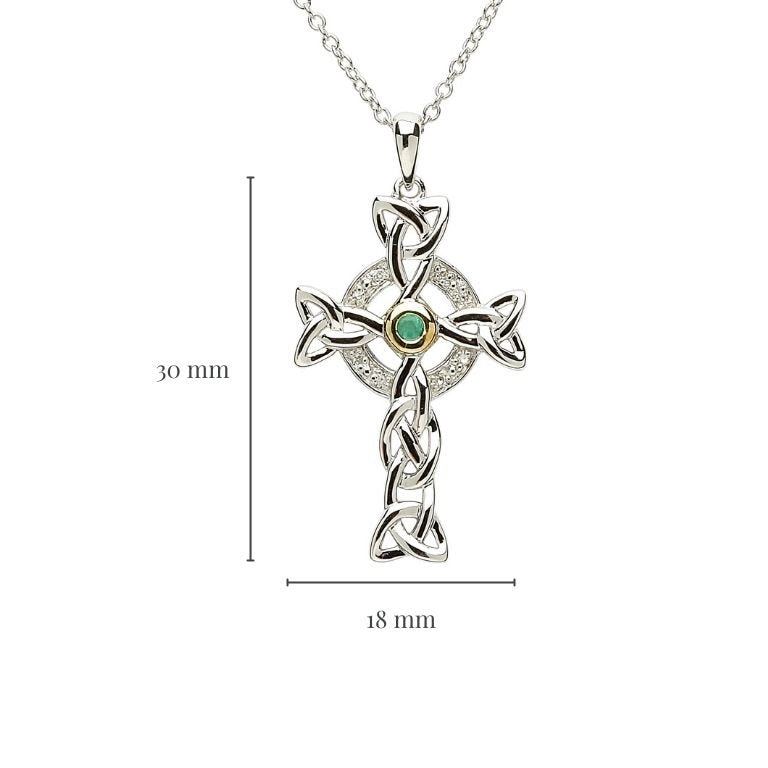 Trinity Knot Diamond And Emerald Silver Celtic Cross Necklace