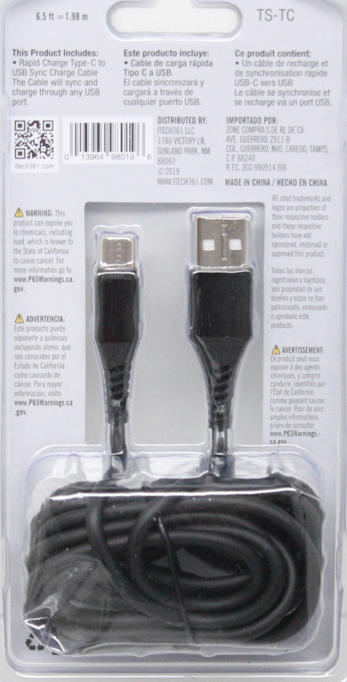 USB type C 6.5 foot Sync/Charge Cable - Black