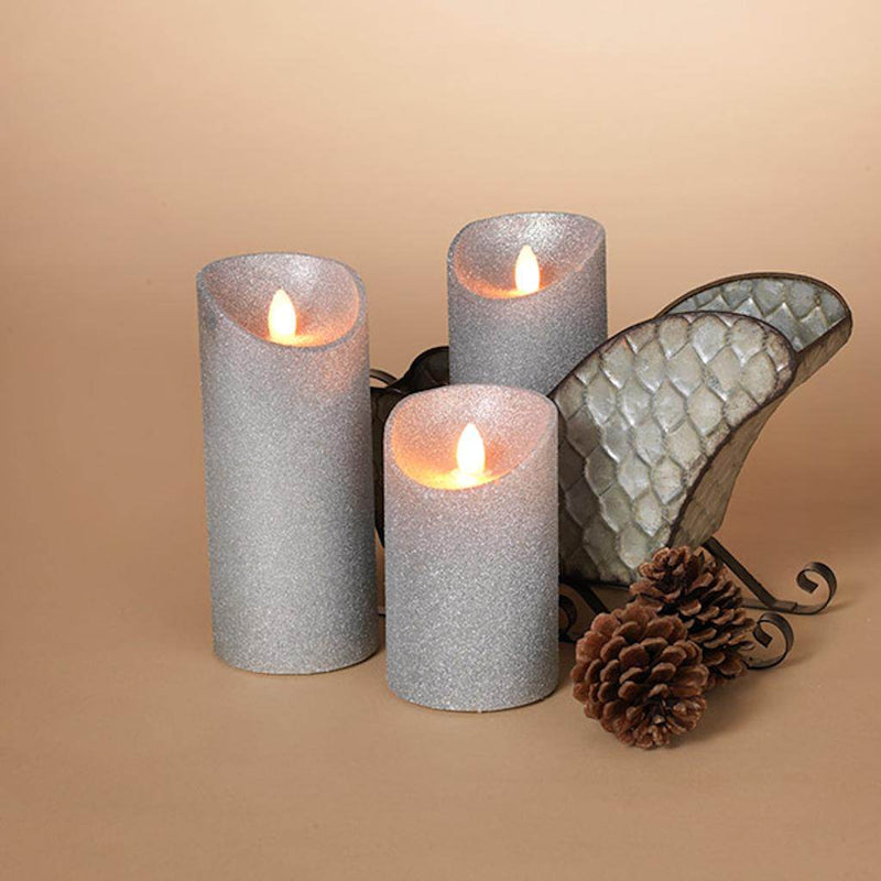 Set of 3 Wax Aurora Flame LED Candles with Silver Glitter Finish