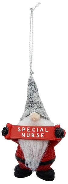 Gnome Holding Sign Ornament - Special Nurse - The Country Christmas Loft