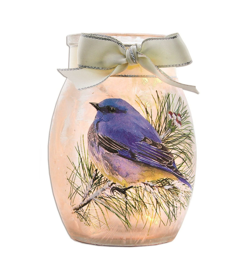 Winter Bluebird Lighted Jar with Ribbon -
