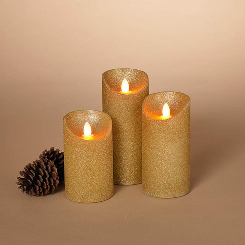 Set of 3 Wax Aurora Flame LED Candles with Gold Glitter Finish - The Country Christmas Loft