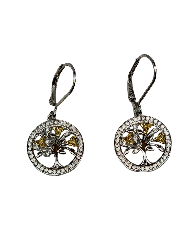 Sterling Silver CZ Gold Plated Tree of Life Earrings