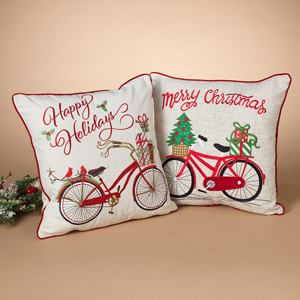 Fabric Holiday Bicycle Design Pillow - - The Country Christmas Loft