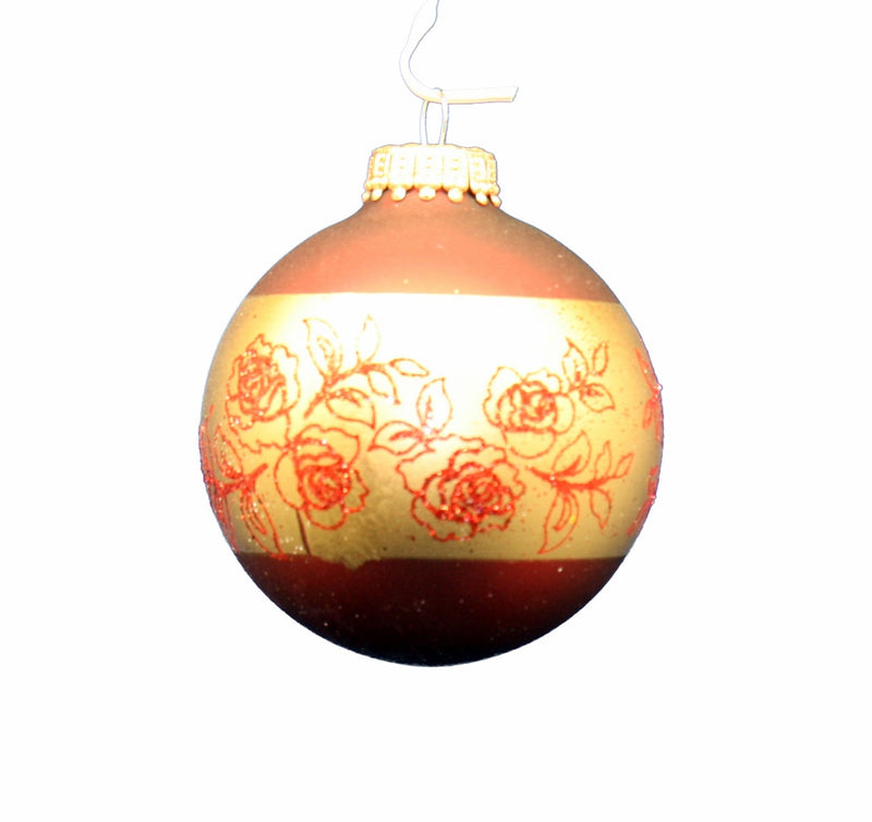 Christmas By Krebs 2 5/8 Glass Balls - Gold Caps - Band of Roses - 4 Pack - The Country Christmas Loft