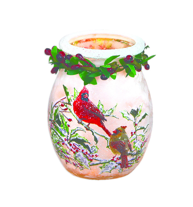 Lighted Glass Jar with Garland - Holly & Cardinals