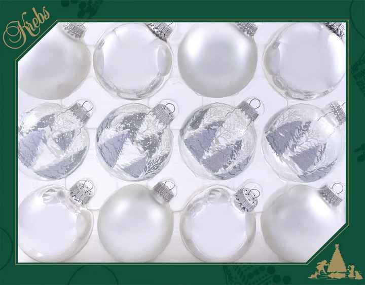 Christmas By Krebs 2 5/8 Glass Balls - Silver Caps - Silver and White Festive Trees - 12 Pack - The Country Christmas Loft