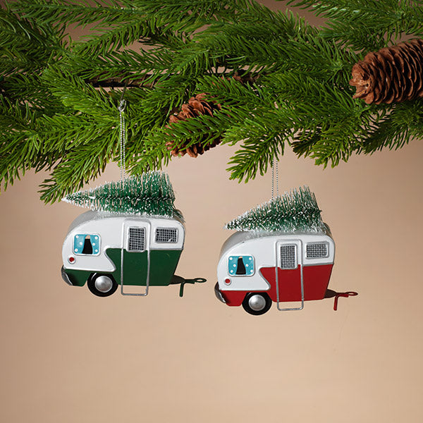Metal Holiday Camper with Tree Ornament - Green - The Country Christmas Loft