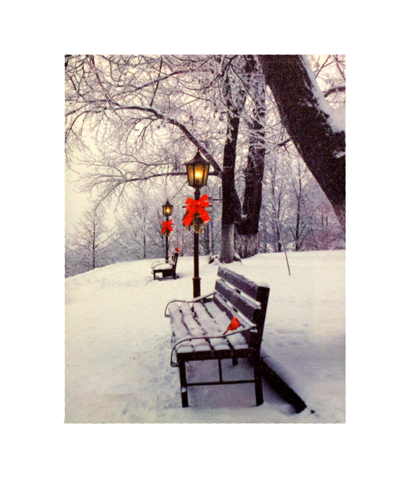 7.8" Lighted Canvas Print - Park Bench With Cardinal - The Country Christmas Loft