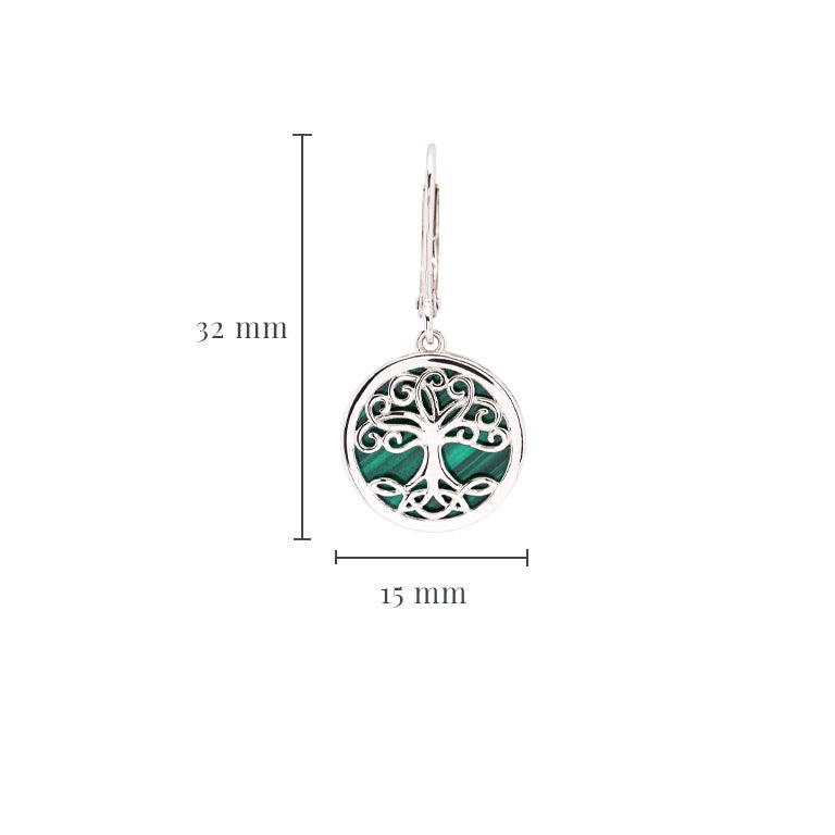 Green Malachite Sterling Silver Tree of Life Drop Earrings