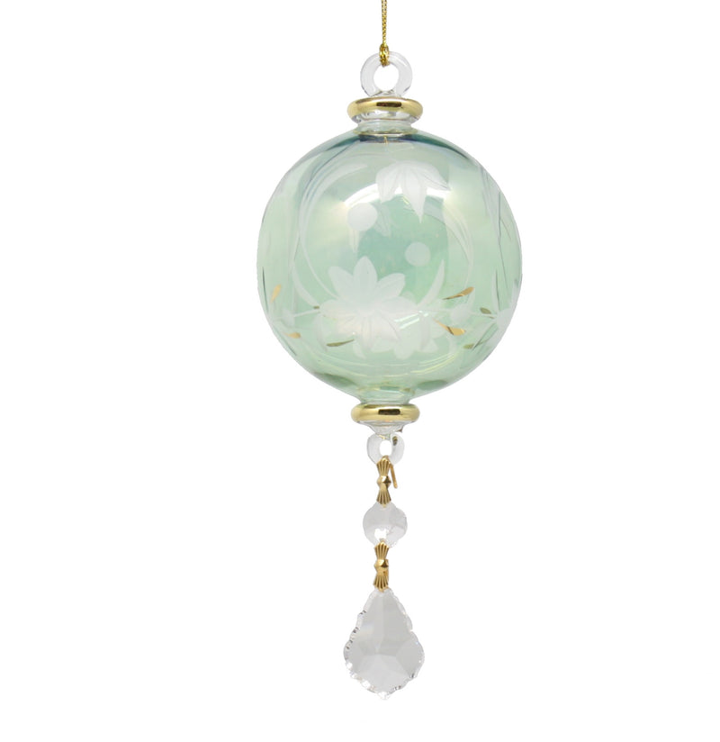 Gold Etched Glass Globe with Dangles - Green