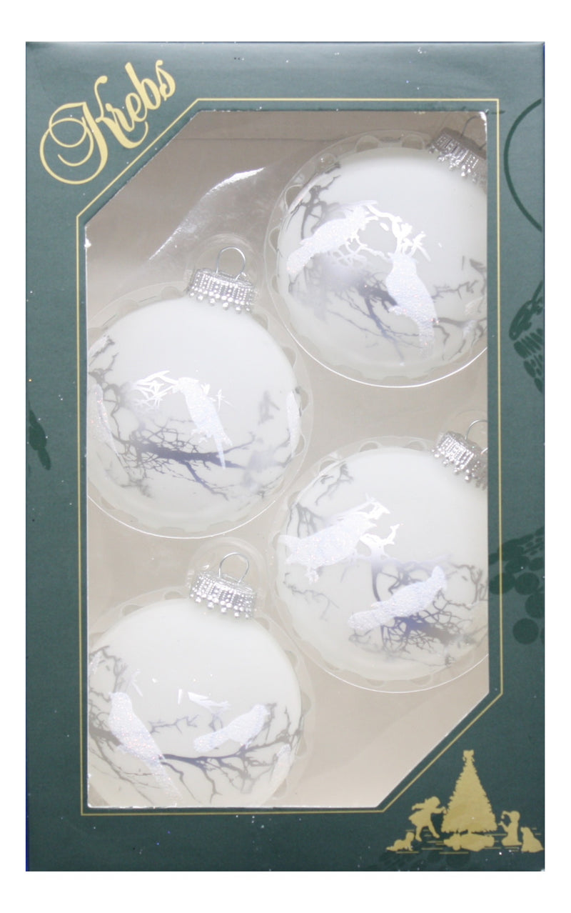 Krebs Value Glass Ball 4 pack - White Birds on Silver Branches - The Country Christmas Loft