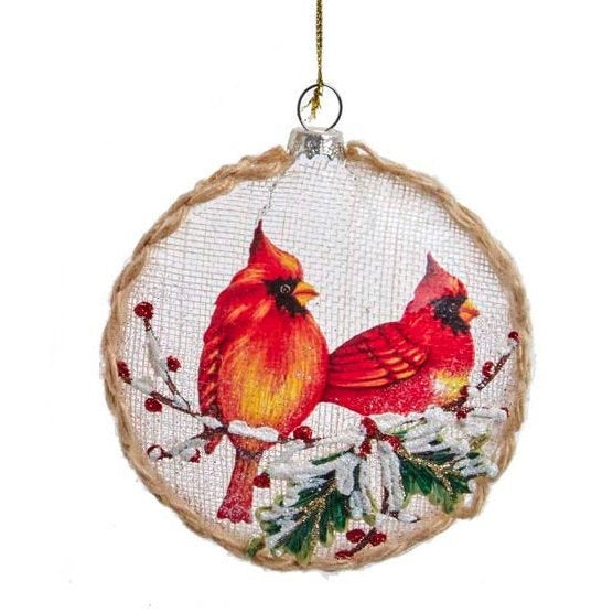 Glass Disc With Cardinal Ornament - Pair with Berries - The Country Christmas Loft