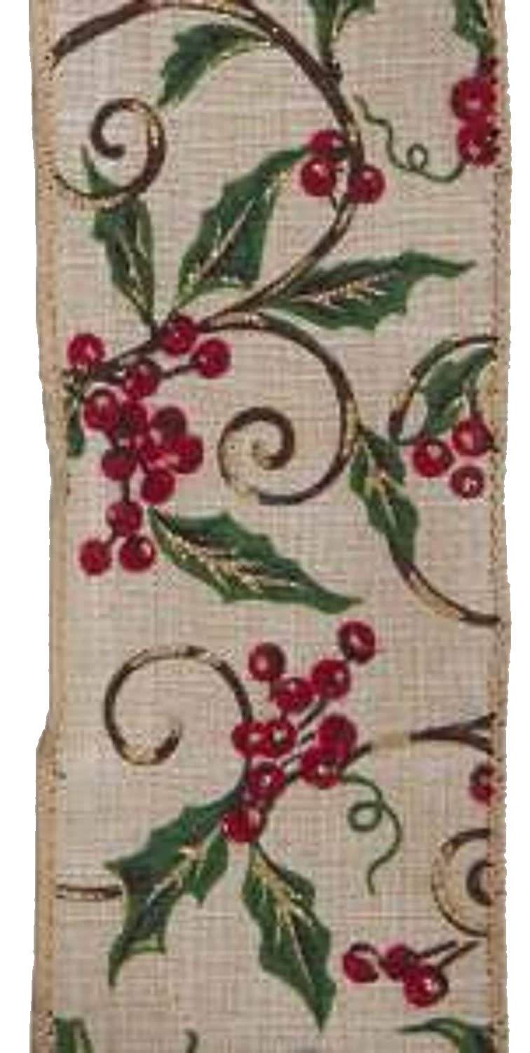 Holly Print Wire Ribbon - 2.5" x 10 Yards - The Country Christmas Loft