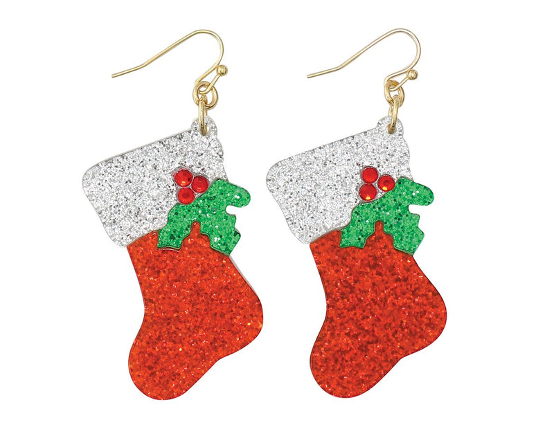 Glitter Stocking With Holly - Earrings