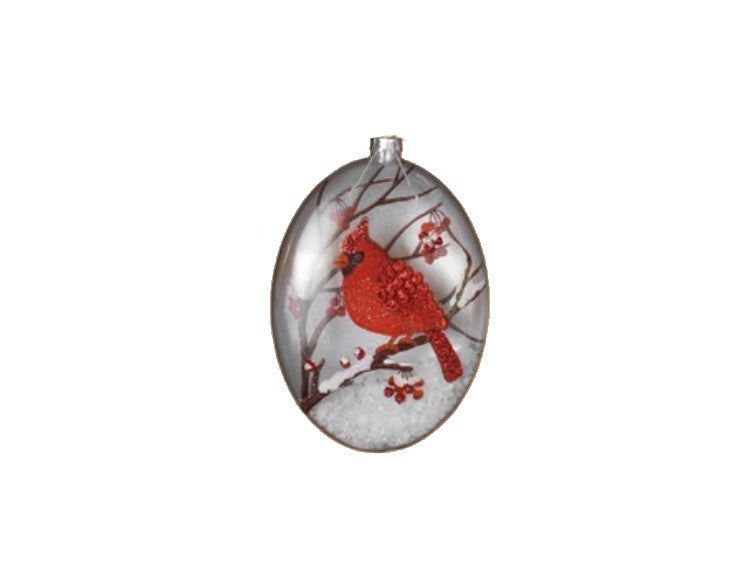 Glass Cardinal Disk Snow Filled Ornament - Style