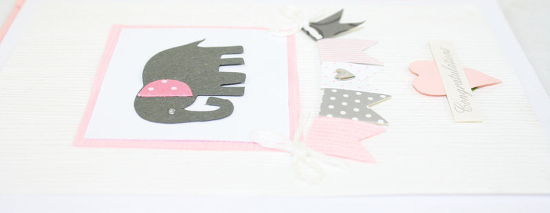 Handmade Embellished Welcome Baby Card - Pink Elephant