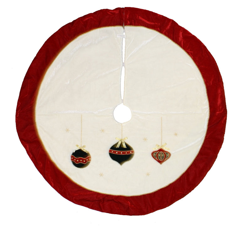Burgundy and White Embroidered Tree Skirt - 48 Inch - The Country Christmas Loft