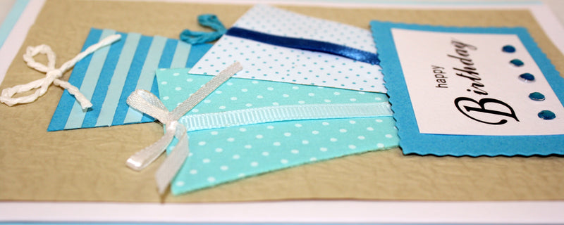 Handmade Embellished Birthday Celebration Card - Blue and White Presents