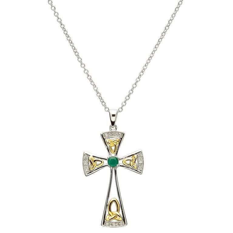 Celtic Trinity Emerald and Diamond Cross Necklace