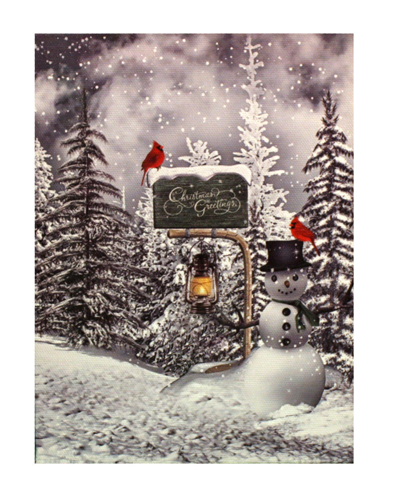 7.8" Lighted Canvas Print - Christmas Greetings Mailbox With Cardinal And Snowman - The Country Christmas Loft
