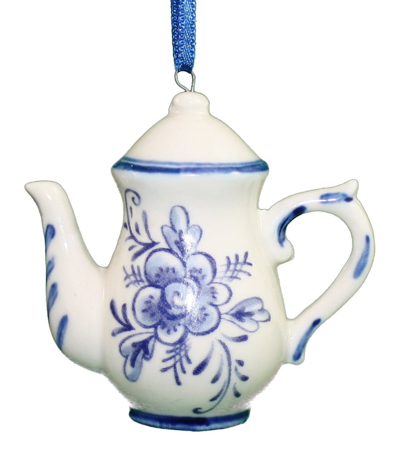 Porcelain Blue Teapot Ornament - Medium - The Country Christmas Loft