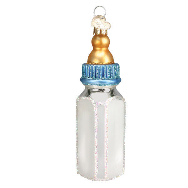 Old World Christmas Blue Baby Bottle Glass Ornament - The Country Christmas Loft