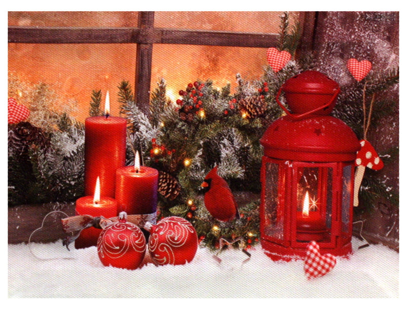 7.8" Lighted Canvas Print - Cardinal With Red Candles And Red Ornaments - The Country Christmas Loft