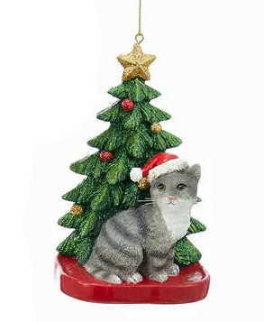 Cat with a Christmas Tree Ornament - Grey - The Country Christmas Loft