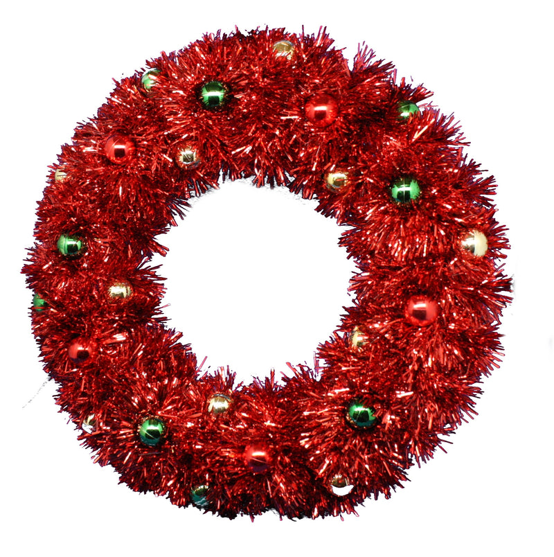 Tinsel Wreath with Colorful Ornaments - Red