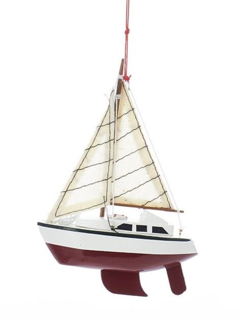 Yacht With Sails Wooden Ornament - Red - The Country Christmas Loft