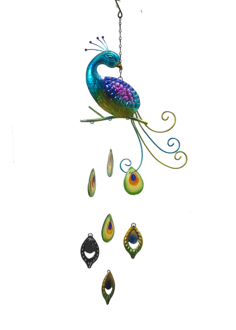 Metal & Fused Glass Peacock Wind Chime - Turquoise - The Country Christmas Loft